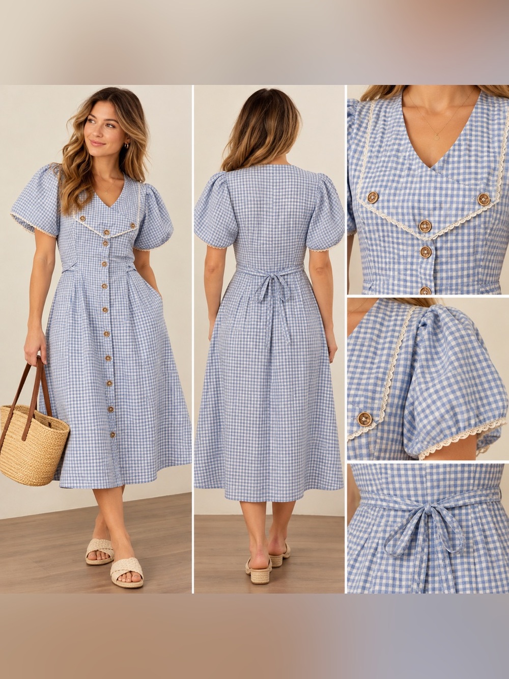 Classic Blue Gingham Button-Front Women’s Dress